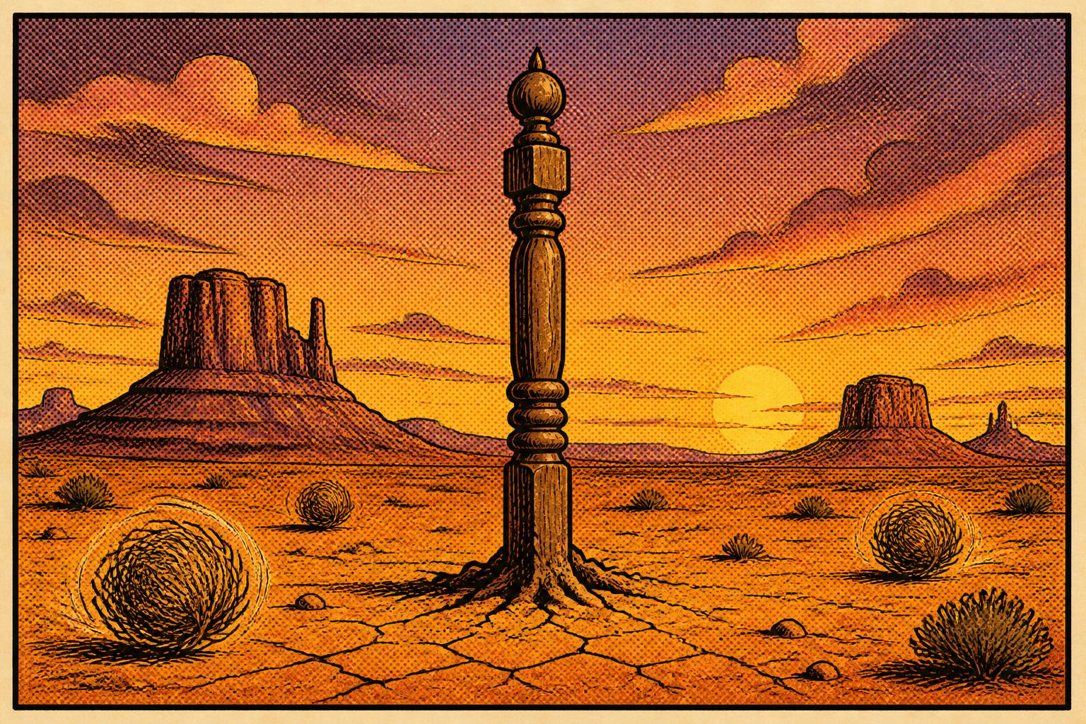 A tree shaped like a wooden bedpost, alone in the desert